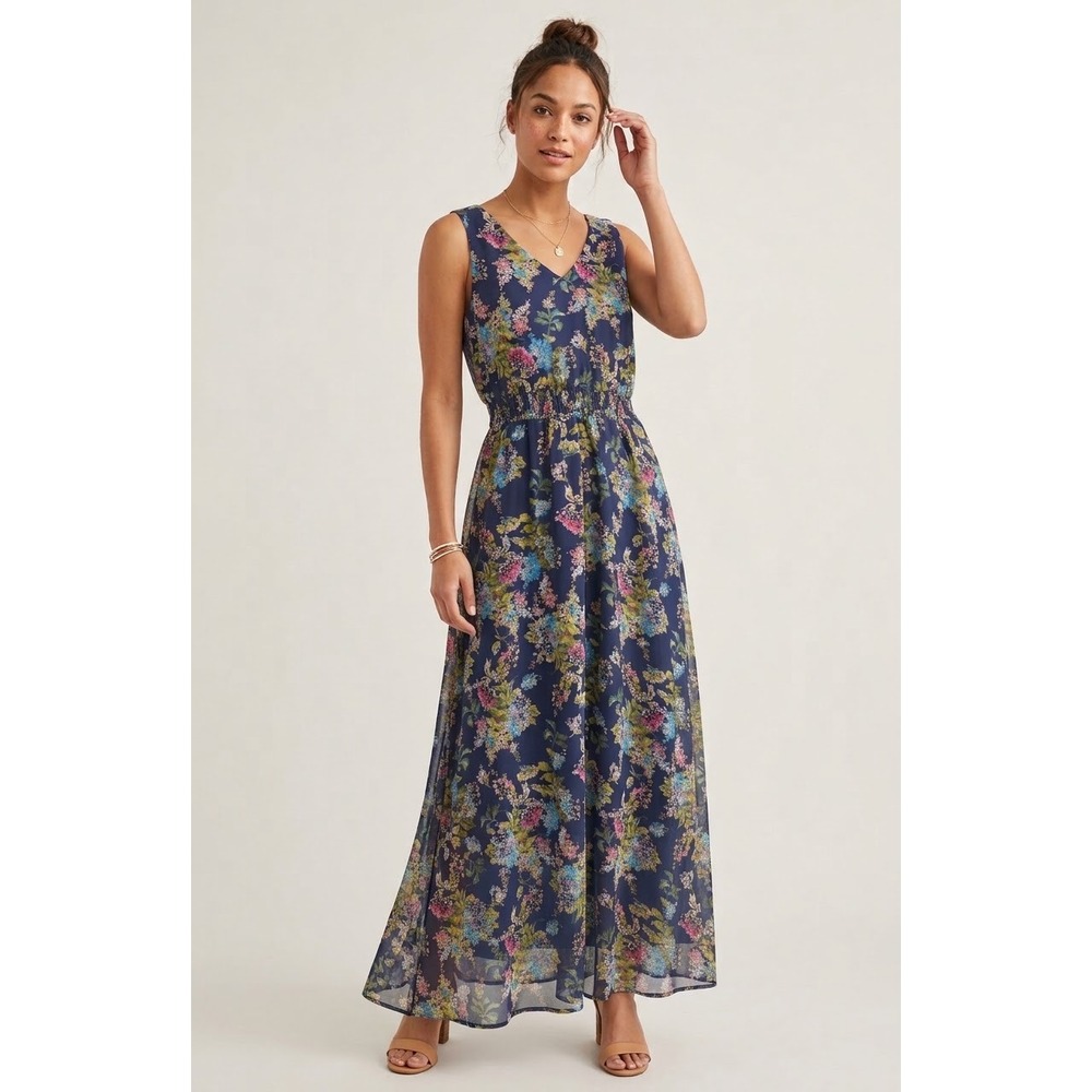 Isaac Mizrahi Live Blue Floral Smocked Maxi Dress Size 12 Sleeveless V-Neck
